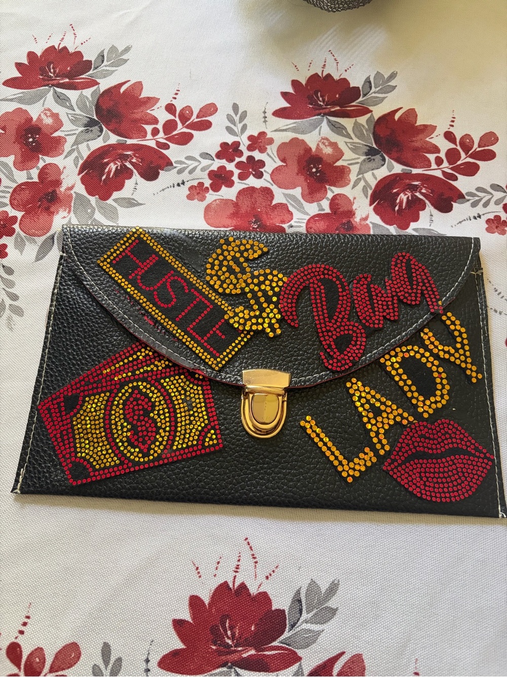 Black Studded Envelope Clutch with Red & Yellow Gold Accents